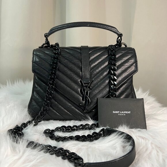 2017 PreOwned Saint Laurent College Medium YSL Shoulder Bag Quilted Leather - Picture 2 of 11